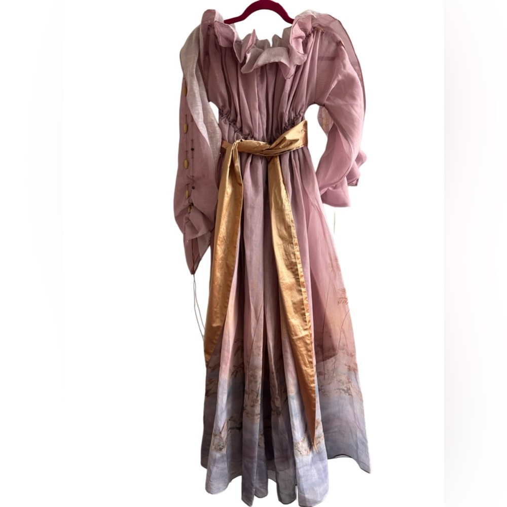 Designer-Style Dawning Riffle Maxi Dress with Gold Sash